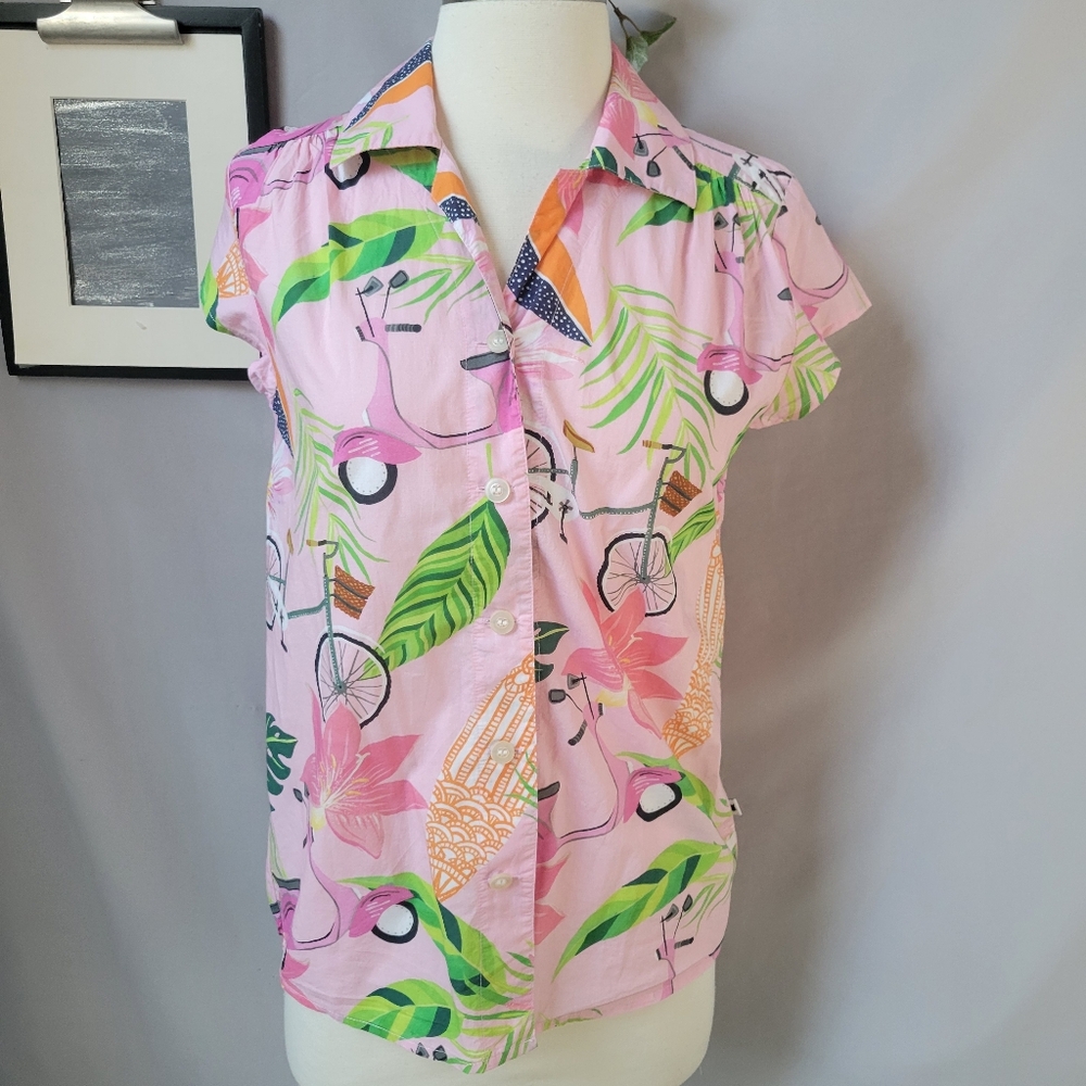 The Cat's Pajamas Scooter Floral‎ Beach Button Down Pajama Top Pink XS